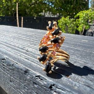 Vintage 14k Gold Plated Onyx Pink Sapphire Cluster Ring Sz 5 Cocktail